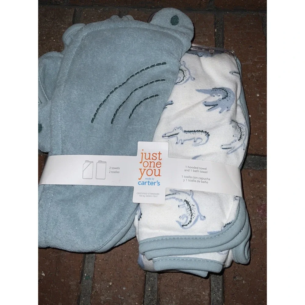 Carters Just One You Blue‎ Alligator/Crocodile 2pc Baby Infant Bath Towel Set